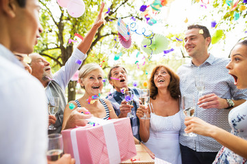 Family celebration or a garden party outside in the backyard.
