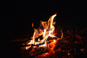 Bonfire with flame and sparks at night background, Romantic evening, Relaxing and enjoying camping.