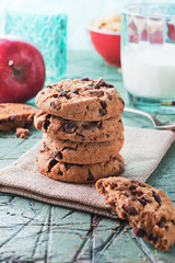 Cookies for breakfast on old cyan wooden table