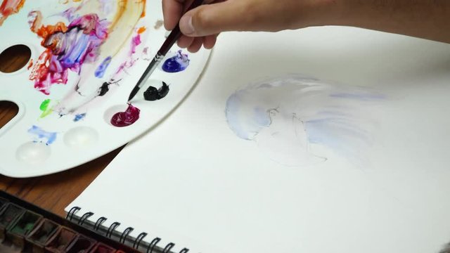 Artist painting watercolor paints. The process of drawing on paper: Painter paints a fine brush on a paper. Painting eagle. Timelaps. 4K