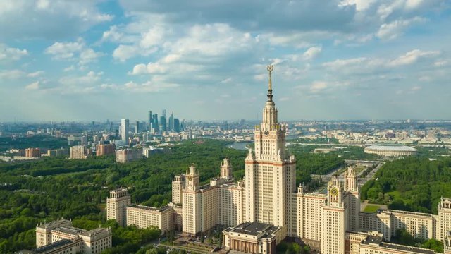 sunny day moscow city famous university aerial panorama 4k timelapse russia
