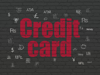 Banking concept: Painted red text Credit Card on Black Brick wall background with  Hand Drawn Finance Icons