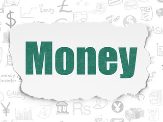 Money concept: Painted green text Money on Torn Paper background with  Hand Drawn Finance Icons