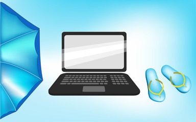 Vector image of a laptop with a parasol and flip flops in the sunshine