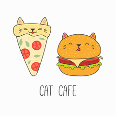 Hand drawn vector illustration of a kawaii funny pizza slice and burger with cat ears. Isolated objects on white background. Line drawing. Design concept for cat cafe menu, children print.