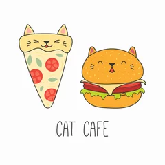 Zelfklevend Fotobehang Hand drawn vector illustration of a kawaii funny pizza slice and burger with cat ears. Isolated objects on white background. Line drawing. Design concept for cat cafe menu, children print. © Maria Skrigan