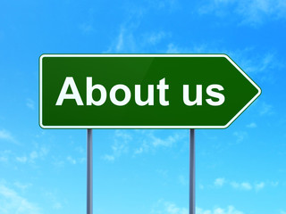 Business concept: About us on green road highway sign, clear blue sky background, 3D rendering