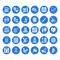 Medical check up, flat glyph icons. Health diagnostics equipment - mri, tomography, glucometer, stethoscope, blood pressure x-ray, blood test. Hospital signs. Solid silhouette pixel perfect 64x64.