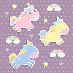 Obraz na płótnie Canvas Cute unicorn stickers vector illustration. Flat design.