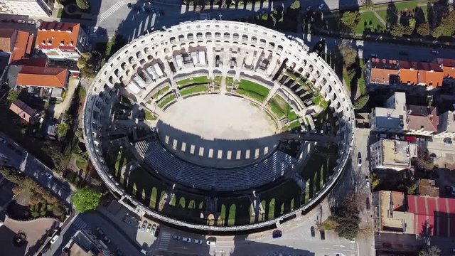 Aerial view of Roman amphitheatre in Pula. Istria, Croatia.