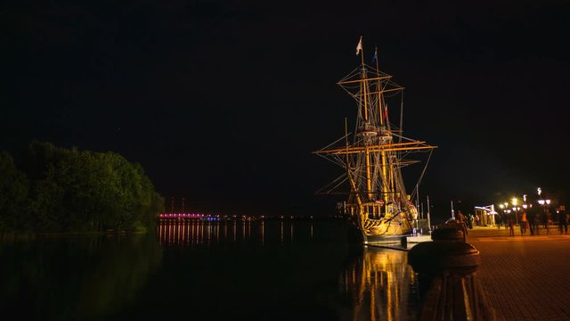 Goto Predestination is Russian sailing ship of Voronezh Admiralty, Russia - one of symbols of city. Time lapse video of embankment and water reservoir at night