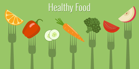 Vegetables and fruits on forks. Healthy food vector illustration.