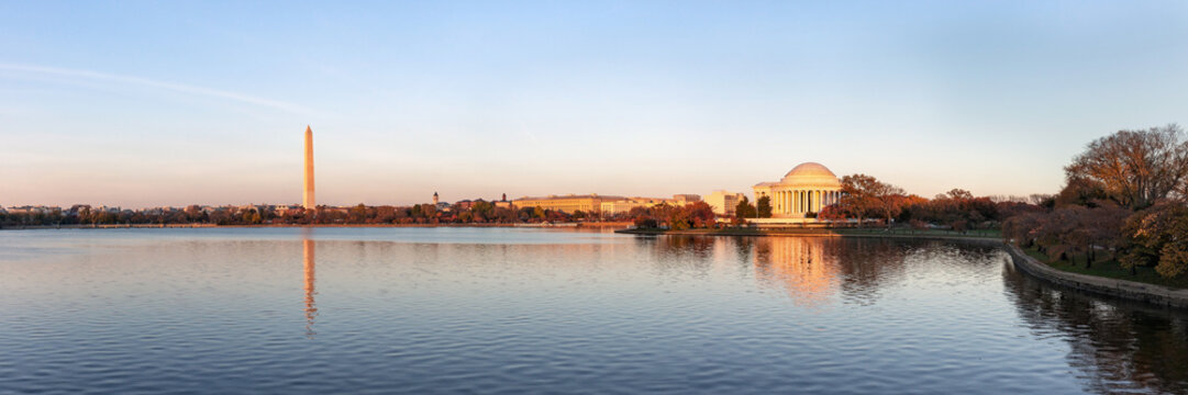 Jefferson Memorial and Washington Monument reflected on Tidal Basin in the evening, Washington DC, USA. Panoramic image
