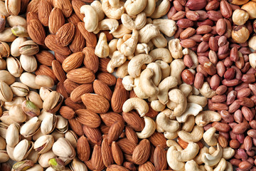 Many different nuts as background