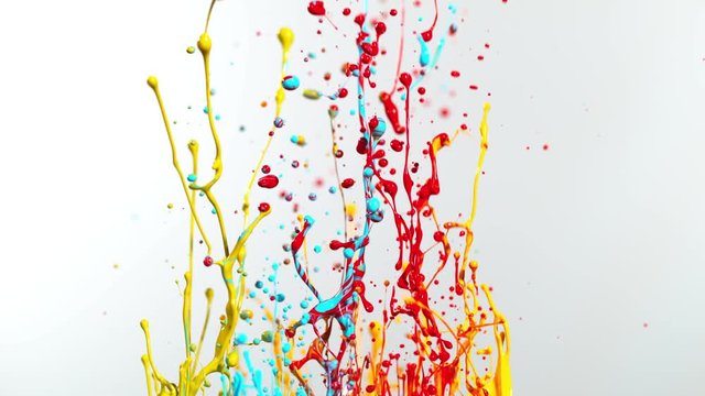 Colorful splashing paint in super slow motion. Shot with high speed cinema camera, 1000fps