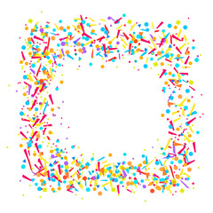 Fototapeta premium Square frame with geometric elements on white background. Pattern with confetti. Texture for design. Print for banners, posters, t-shirts and textiles. Greeting cards