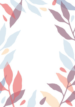 Vertical card template decorated with frame or border made of colorful translucent tree branches with leaves on white background