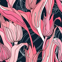 Tuinposter Seamless pattern, hand drawn pink tulip flowers on dark blue background © momosama