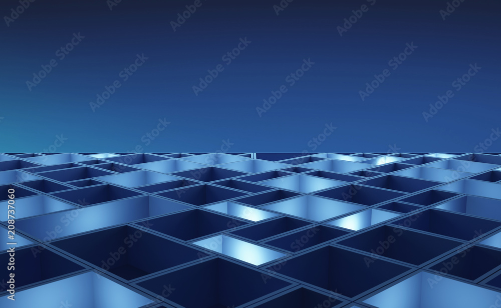Poster circuit board. blue cubes in high-tech technology background. 3d pattern abstract illustration.