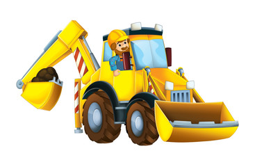 Cartoon funny excavator with worker in the window - on white background - illustration for children