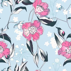 Meubelstickers Seamless pattern, hand drawn pink camellia flowers with leaves on blue background © momosama