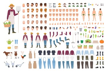 Farmer, farm or agricultural worker constructor or DIY kit. Set of male character body parts, facial expressions, clothes, working tools isolated on white background. Cartoon vector illustration.