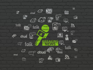 News concept: Painted green Breaking News And Microphone icon on Black Brick wall background with  Hand Drawn News Icons