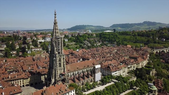 sunny day bern cityscape main cathedral tower aerial panorama 4k switzerland

