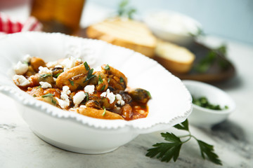 Seafood stew with mussels, tomatoes and Feta cheese