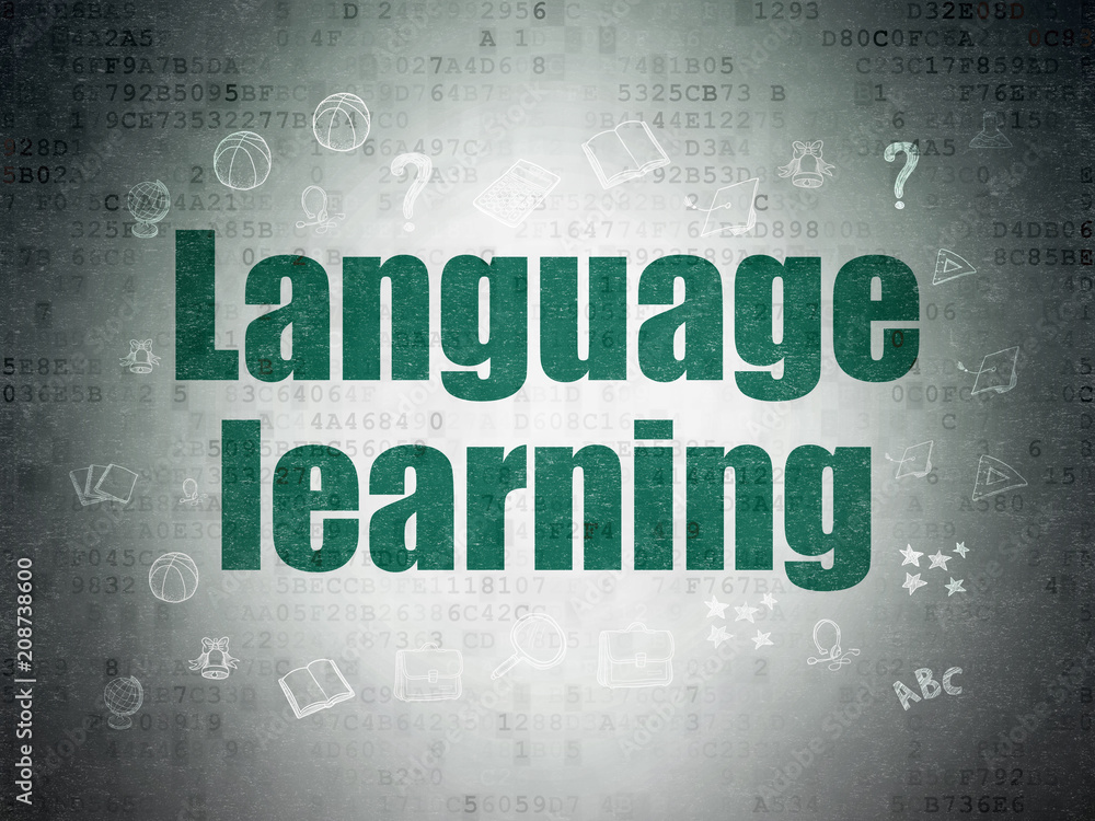 Poster education concept: painted green text language learning on digital data paper background with hand d