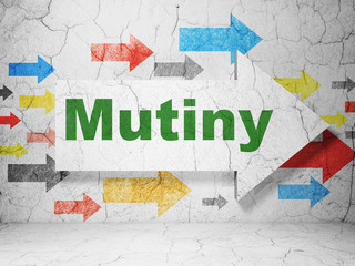 Politics concept:  arrow with Mutiny on grunge textured concrete wall background, 3D rendering