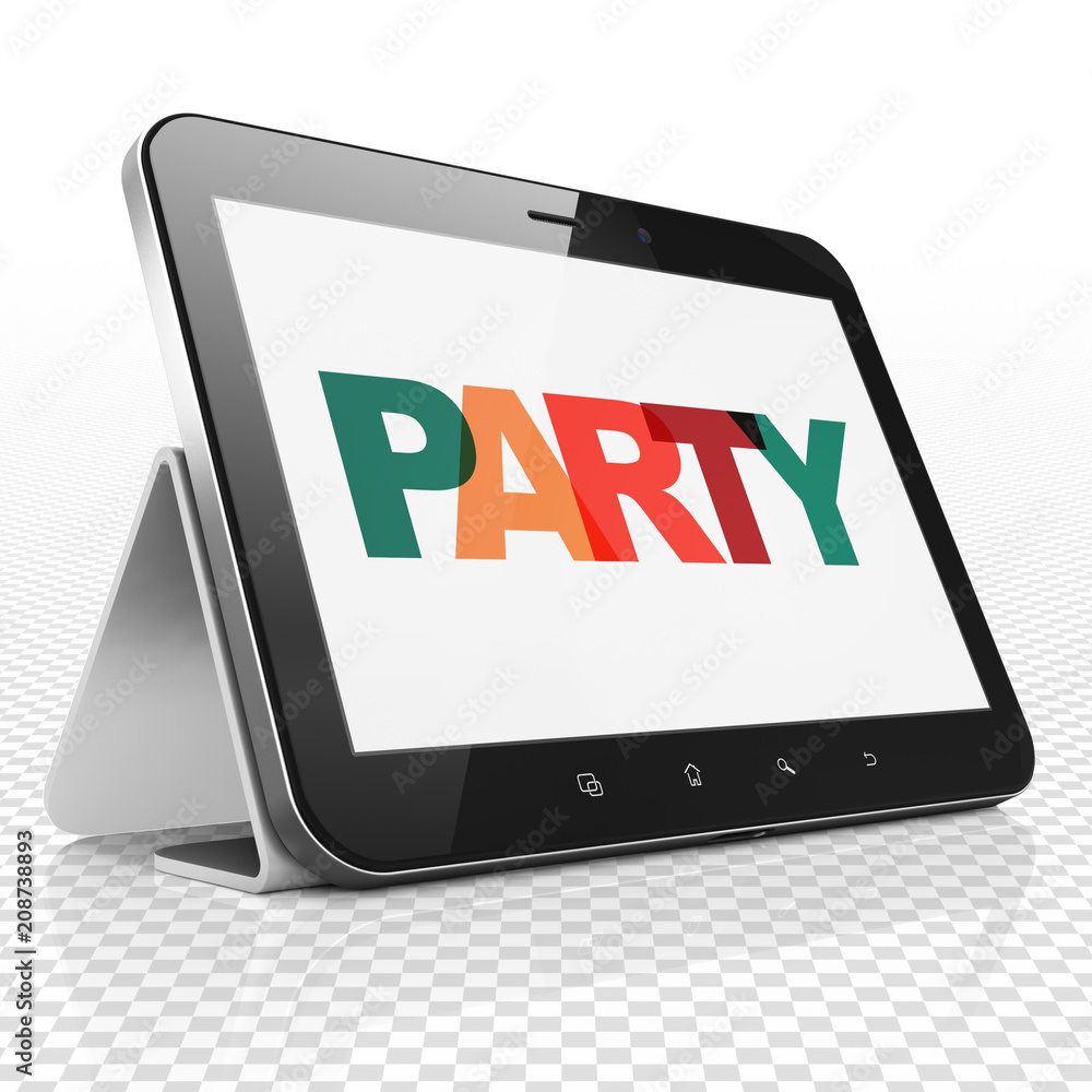 Aufkleber entertainment, concept: tablet computer with painted multicolor text party on display, 3d rendering