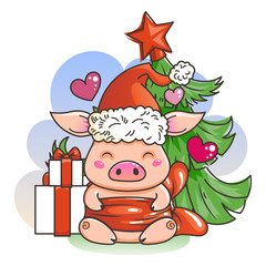 Cute cartoon pig in love. Symbol of New 2019 Year