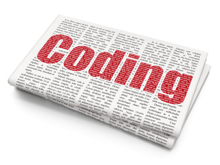 Programming concept: Pixelated red text Coding on Newspaper background, 3D rendering