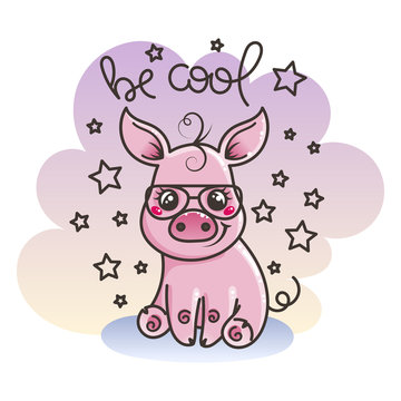 Cute cartoon baby pig in a cool sunglasses