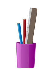 Stationary Cup with Red Pen, Blue Pencil and Ruler