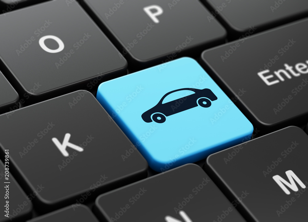 Poster tourism concept: computer keyboard with car icon on enter button background, 3d rendering