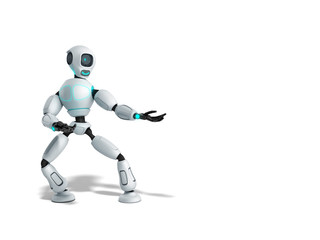 modern concept of product presentation robot points to a thing standing nearby 3d render on white
