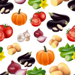 Seamless pattern with vegetables. Vegeterian food isolated on white background. Tomato, pumpkin, cabbage, potatoes onion broccoli carrot pepper and garlic. 3d realism vector illustration.