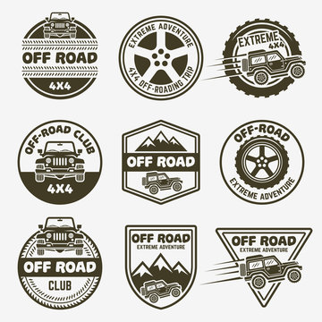 Off-road suv car set of vector monochrome emblems