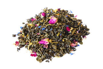 Heap of aromatic dry green tea  with cornflower and small dry buds of roses isolated on white background 