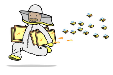 Imker mit Honigwaben rennt vor Bienen davon