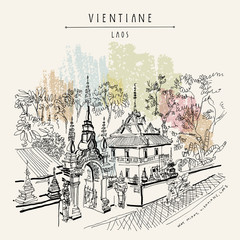 Vientiane, Laos, Southeast Asia. Vintage hand drawn touristic postcard in vector
