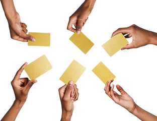 Black male hand with golden business cards. Set, isolated on white.