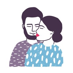 Cuddling male and female cartoon characters isolated on white background. Portrait of young hugging married romantic couple. Girl and boy in love. Hand drawn colored vector illustration in flat style.