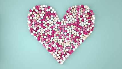 Heart shape from colorful pink spheres 3D rendering