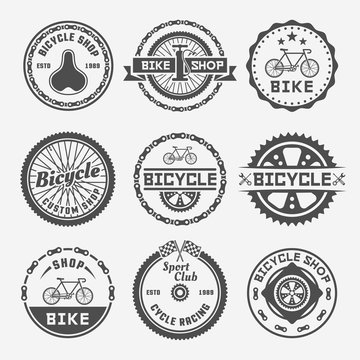 Bicycle shop vector round labels, badges, emblems