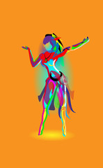 Multicolored abstraction with a dancing girl, colorful woman dancing. Vector orange background