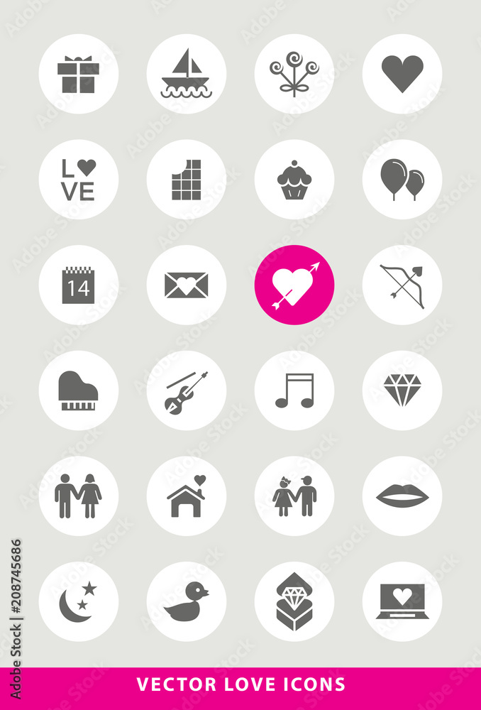 Poster set of elegant universal black love minimalistic solid icons on circular colored buttons on grey bac