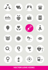 Set of Elegant Universal Black Love Minimalistic Solid Icons on Circular Colored Buttons on Grey Background
